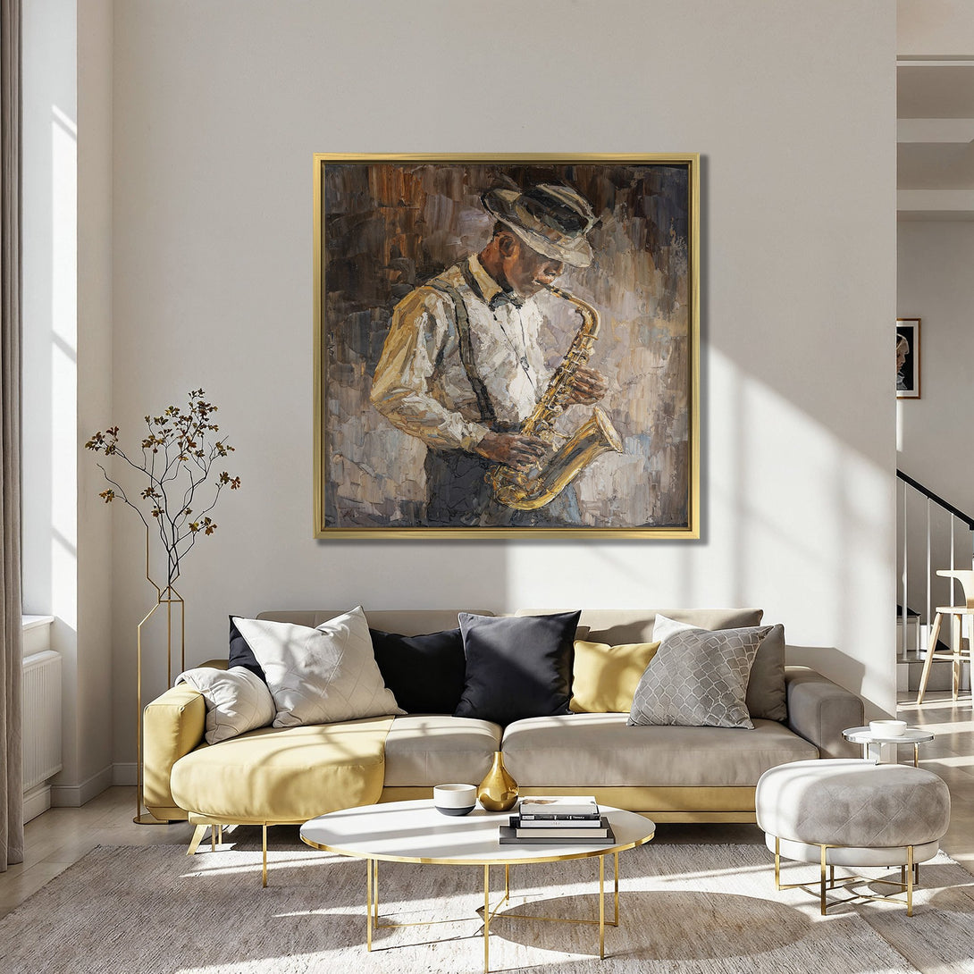 Canvas Print of a jazz musician playing saxophone. Warm, earthy tones and blues create a stylish, inviting interior. Perfect wall art for any space.