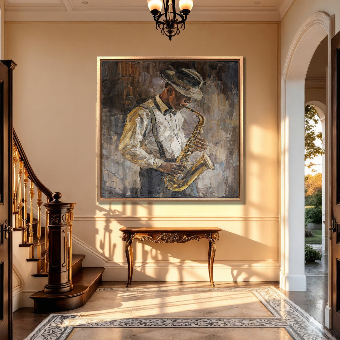 Framed Wall Art: Jazz musician canvas print in a warm, neutral interior. Textured brushstrokes, muted tones of gold, brown & grey. Perfect for home decor.