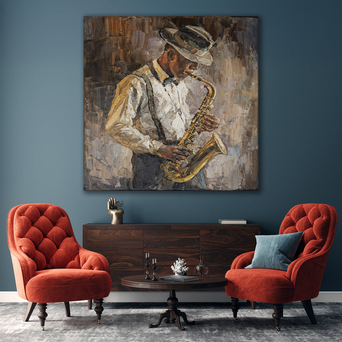 Framed Wall Art: Jazz musician playing saxophone, impressionistic style with warm brown and gold tones. Perfect for living room decor.