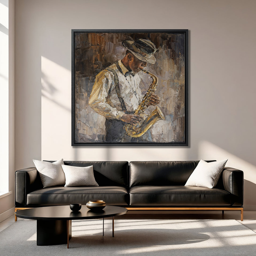 Framed Wall Art: Jazz musician playing saxophone. Textured oil painting style in warm brown, beige, and gold tones. Adds sophistication to any space.