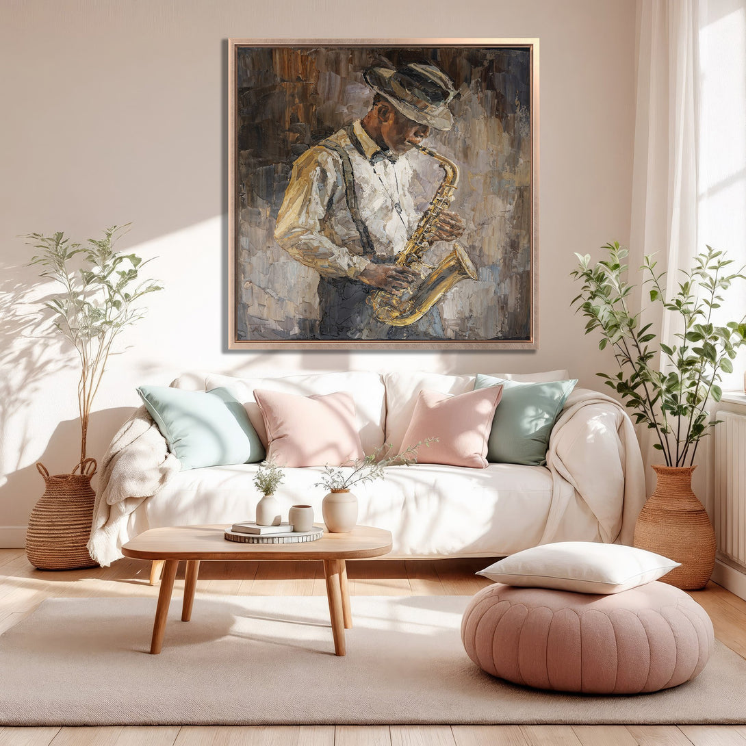 Framed Wall Art: Jazz musician playing saxophone. Impressionistic style with warm, neutral color palette. Perfect for adding a touch of elegance to your space.