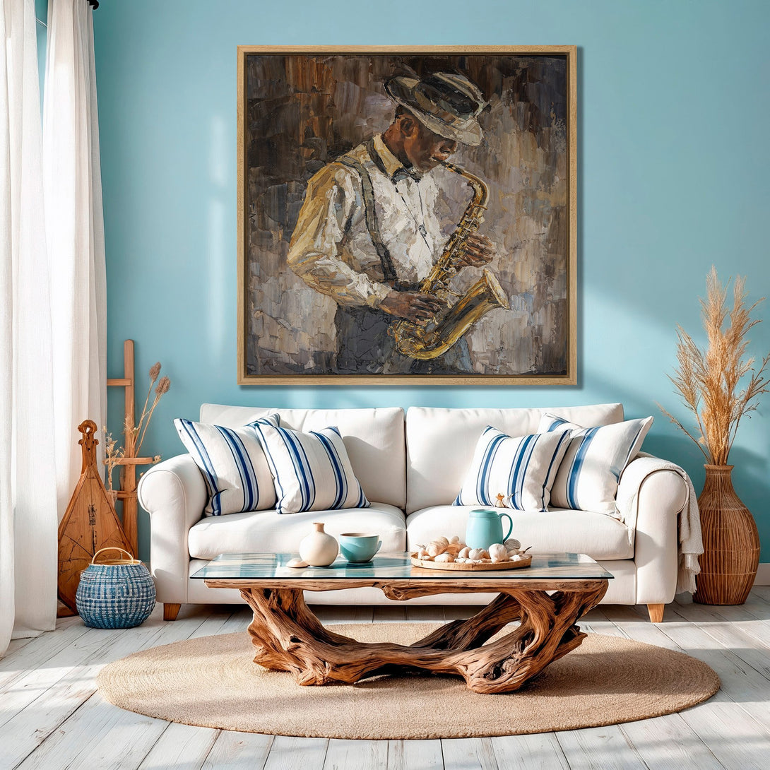 Framed Wall Art: Jazz musician playing saxophone. Impressionist style painting with warm, earthy tones and a cool blue accent wall. Perfect for home decor.