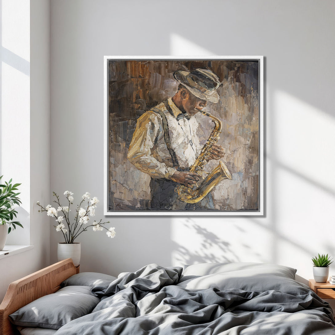 Framed Wall Art: Jazz musician playing saxophone, impressionist style, warm neutral color palette, perfect for bedroom decor.