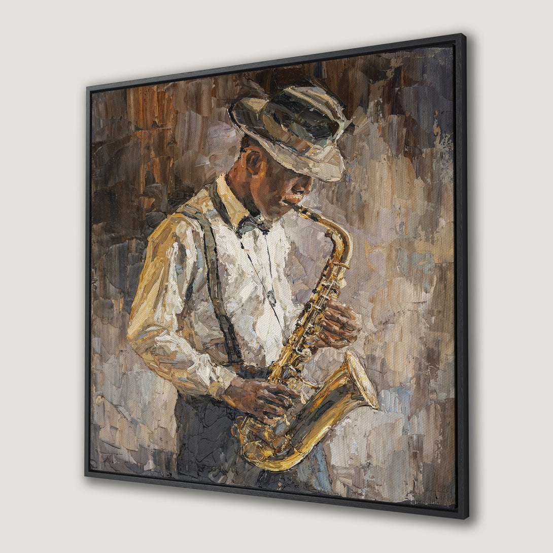 Framed Wall Art: Jazz musician playing saxophone. Textured oil painting in warm brown, gold, and neutral tones. Perfect for adding a touch of art to your space.