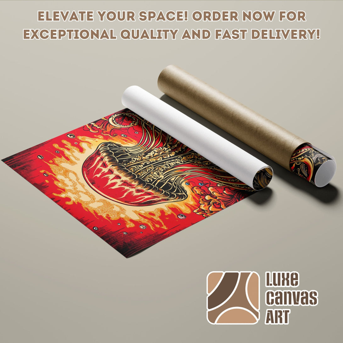 Poster Roll with vibrant art in red, gold, and black. Elevate your space with this stunning poster!