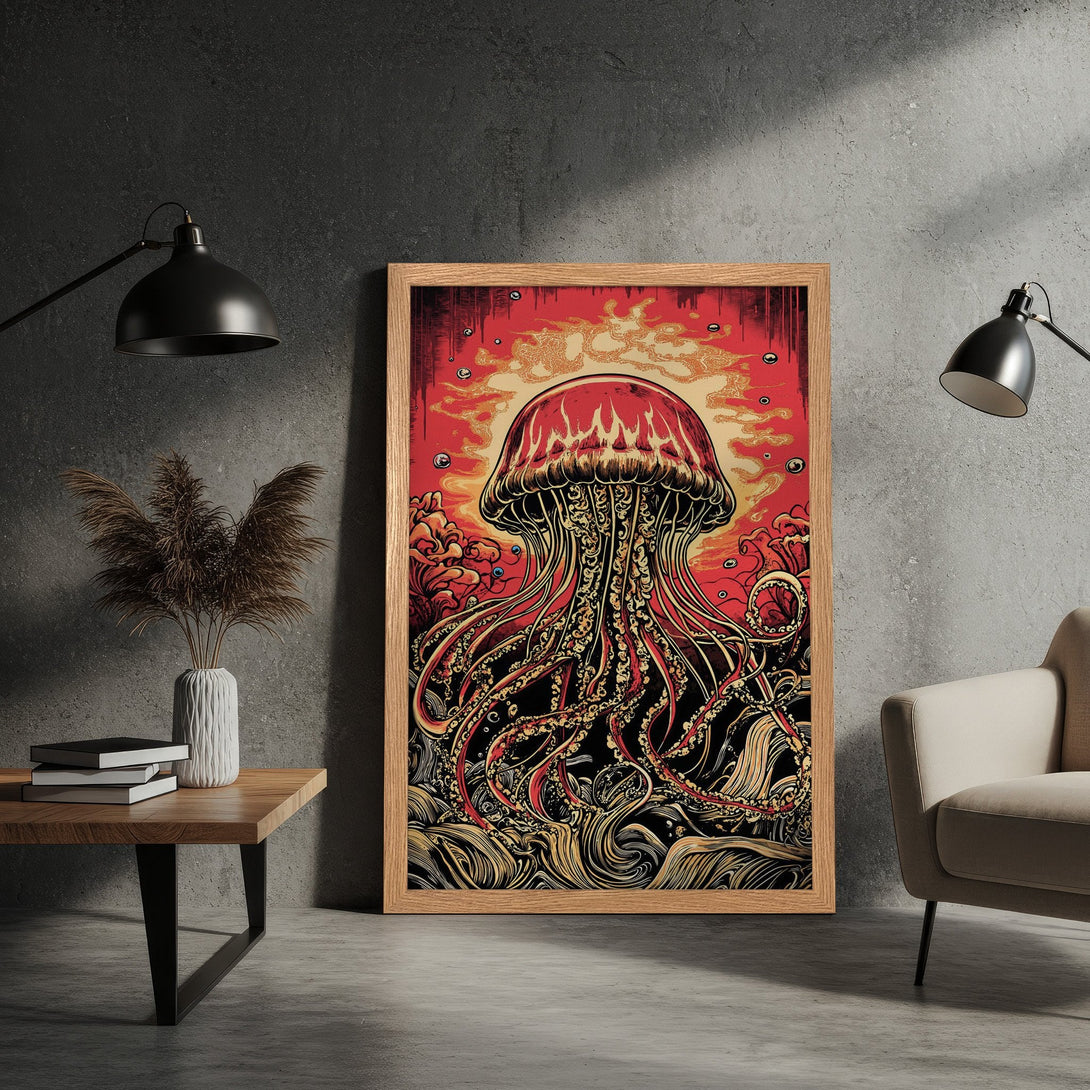 Framed Poster featuring a detailed jellyfish illustration in a bold, vintage style with a red, gold, and black color palette.