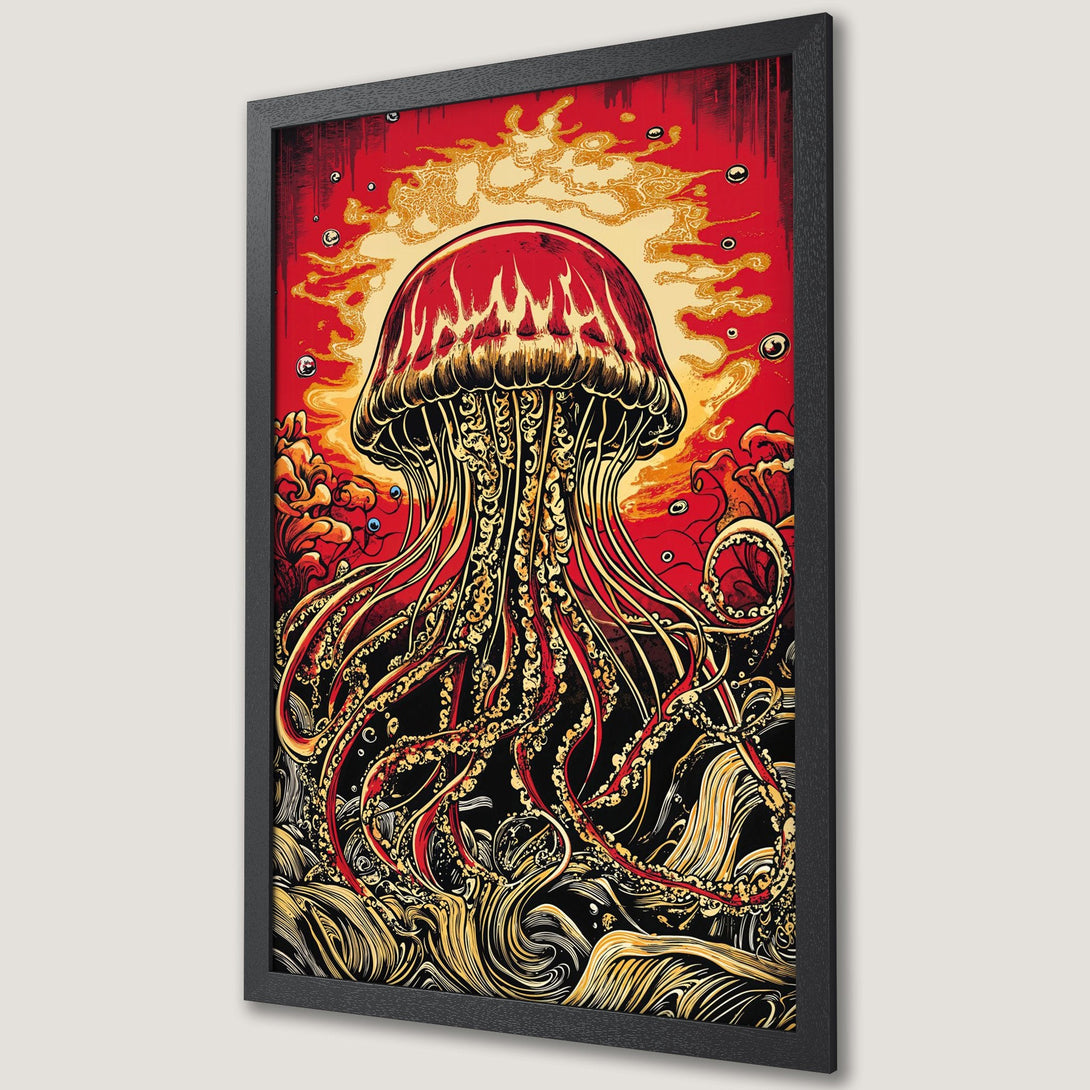 Framed Poster featuring a vibrant jellyfish illustration in a bold, vintage style with red, gold, and black color palette. Perfect wall art!