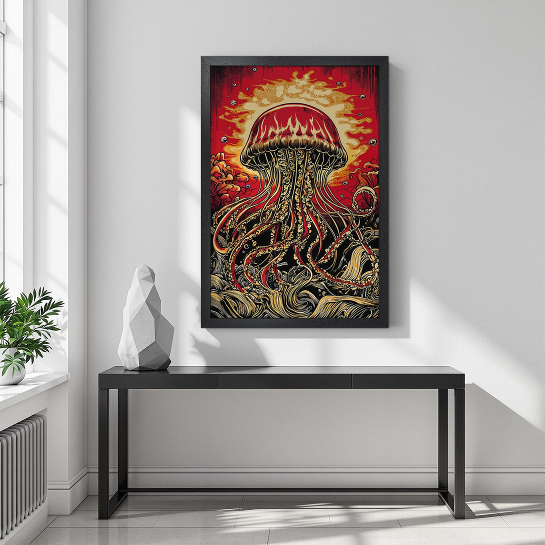Framed Poster featuring a vibrant jellyfish illustration in red, gold, and black. Bold art print for modern decor.
