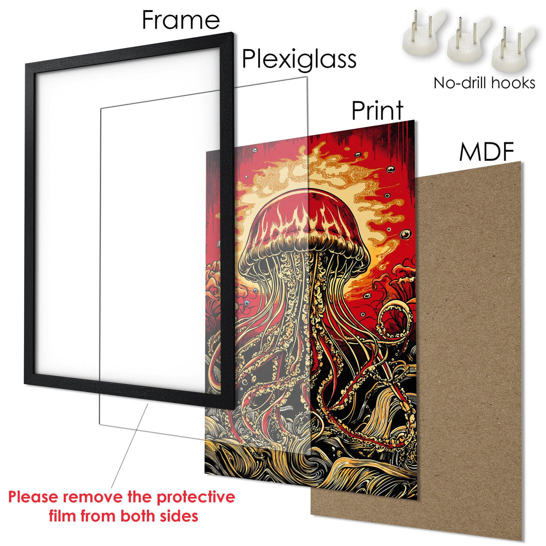 Framed Poster featuring a vibrant jellyfish art print in red, gold, and black. Perfect wall decor!