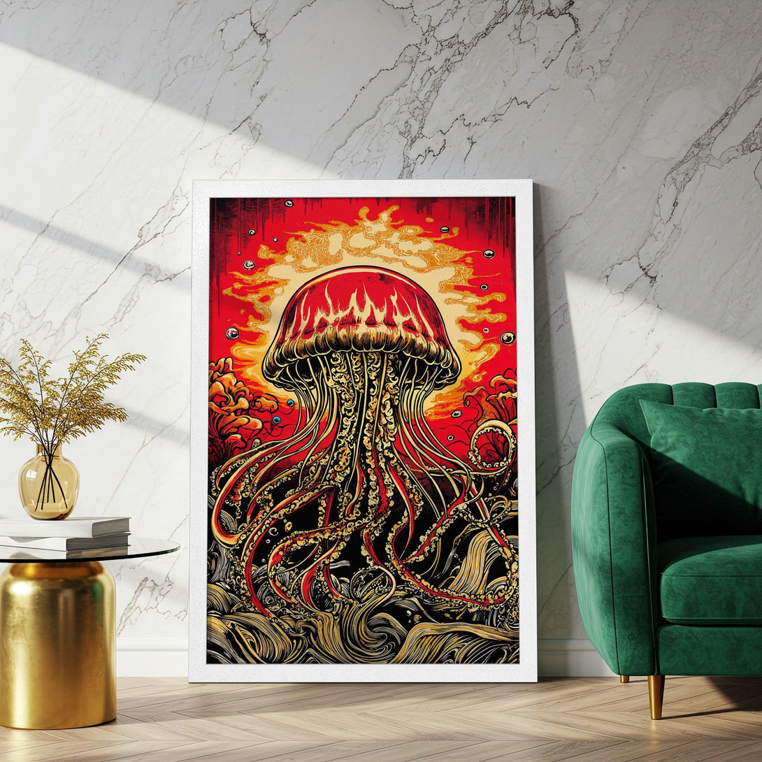 Framed Poster featuring a vibrant jellyfish illustration in a bold, art deco style with red, gold, and black color palette. Perfect wall art!
