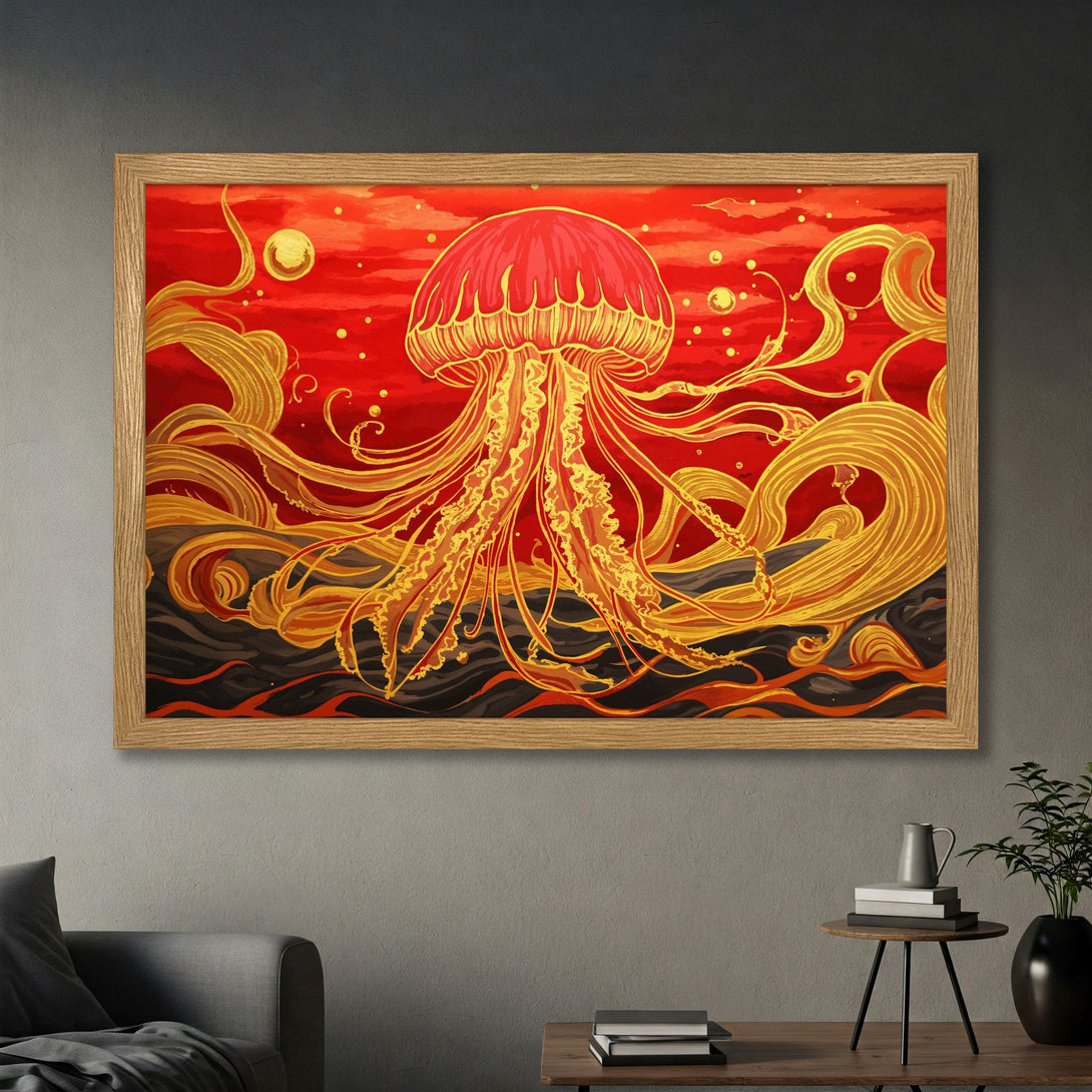 Framed Poster featuring a vibrant jellyfish art print in red and gold tones. Perfect wall decor for a stylish home.