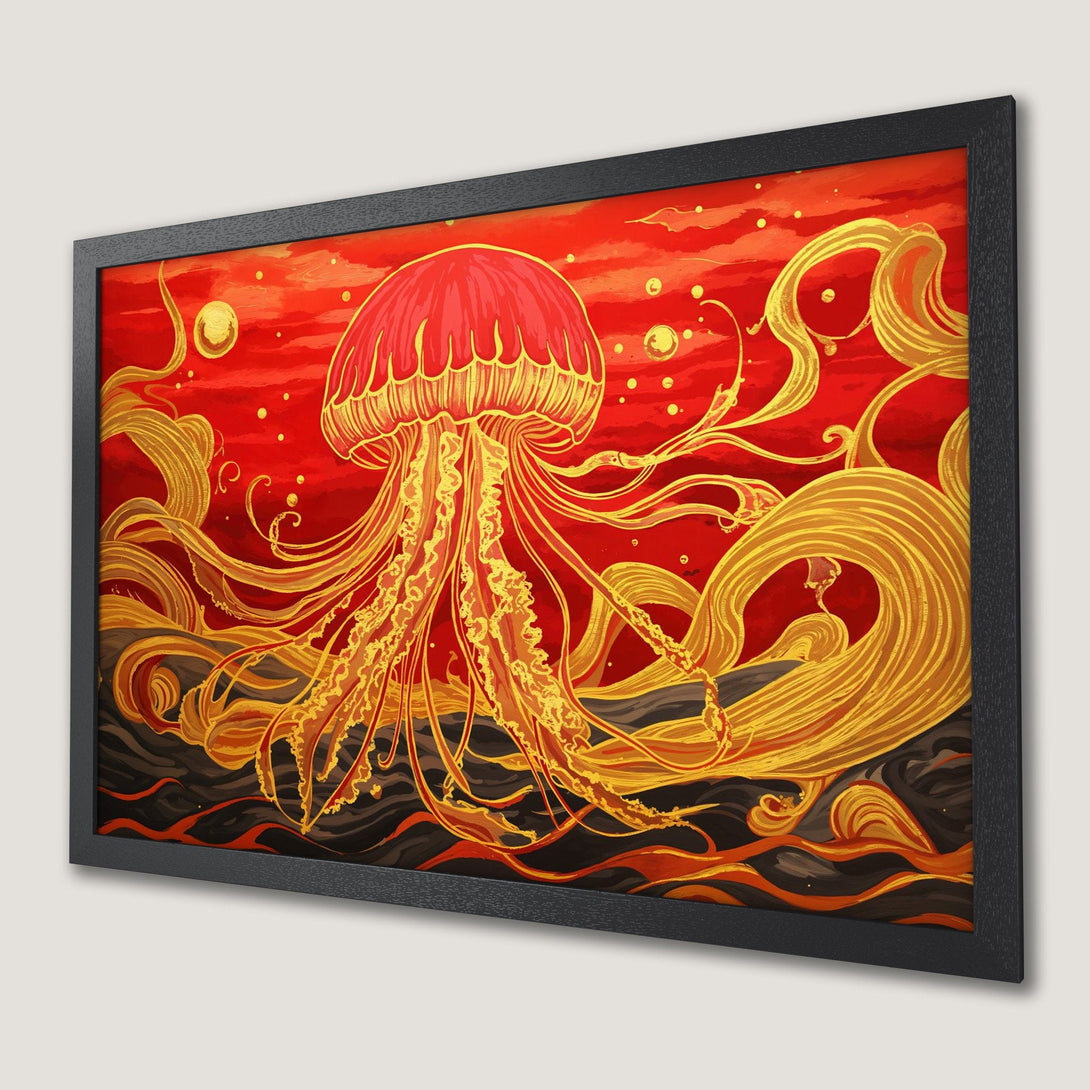 Framed Poster of a jellyfish in an artistic style with a red and gold color palette. Perfect wall art!