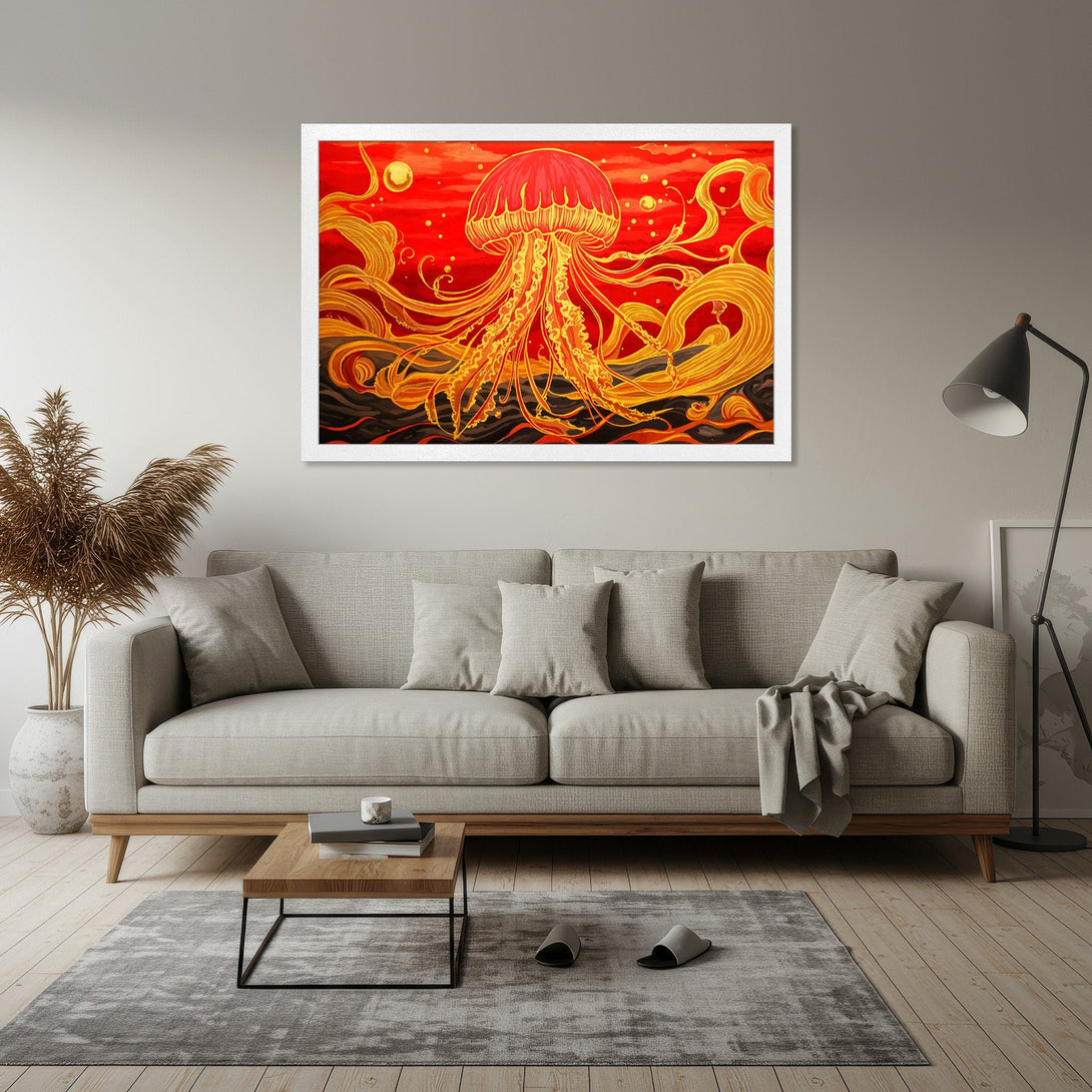 Framed Poster featuring a vibrant jellyfish illustration in a bold red and gold color palette, perfect wall art for any space.