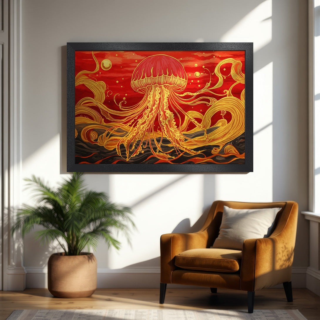 Framed Poster of a jellyfish in a vibrant red and gold style, perfect for adding art to your home.