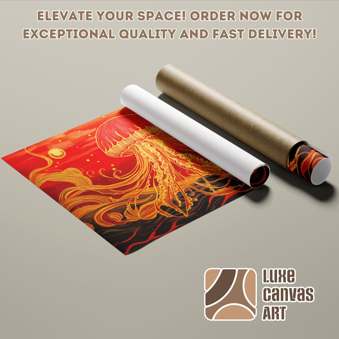 Poster Roll featuring a vibrant jellyfish art print in red and gold tones.