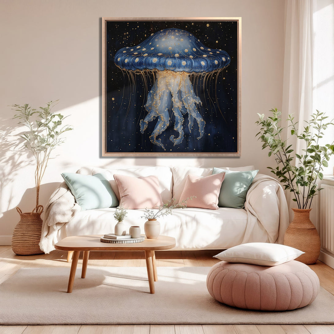Framed Wall Art: Stunning blue jellyfish painting with gold accents. Modern Canvas Print in a serene living room with a soft, neutral color palette.