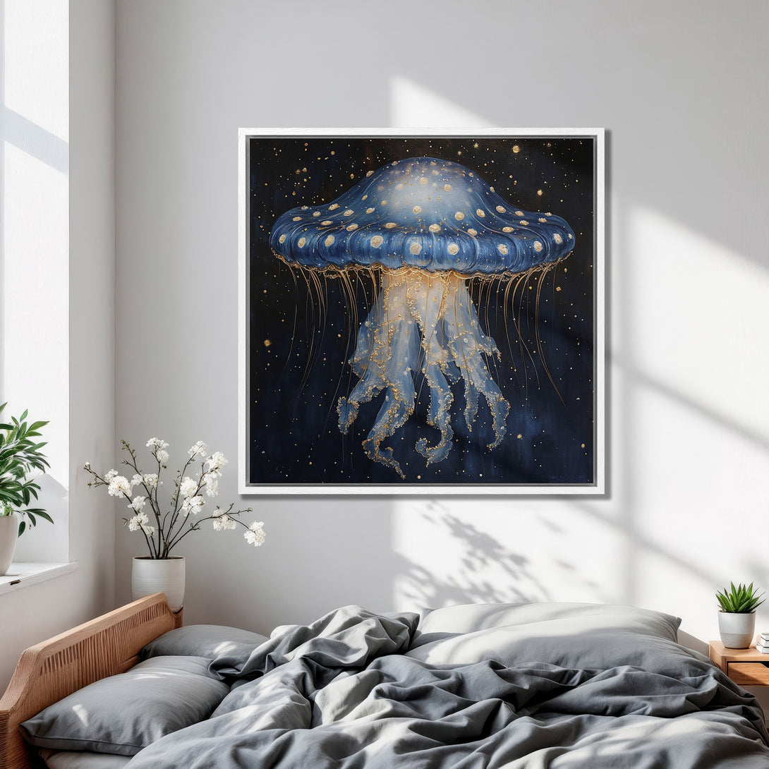 Framed Wall Art: Stunning blue jellyfish painting with gold accents. Modern art print for bedroom decor. Dark blue and gold color palette.