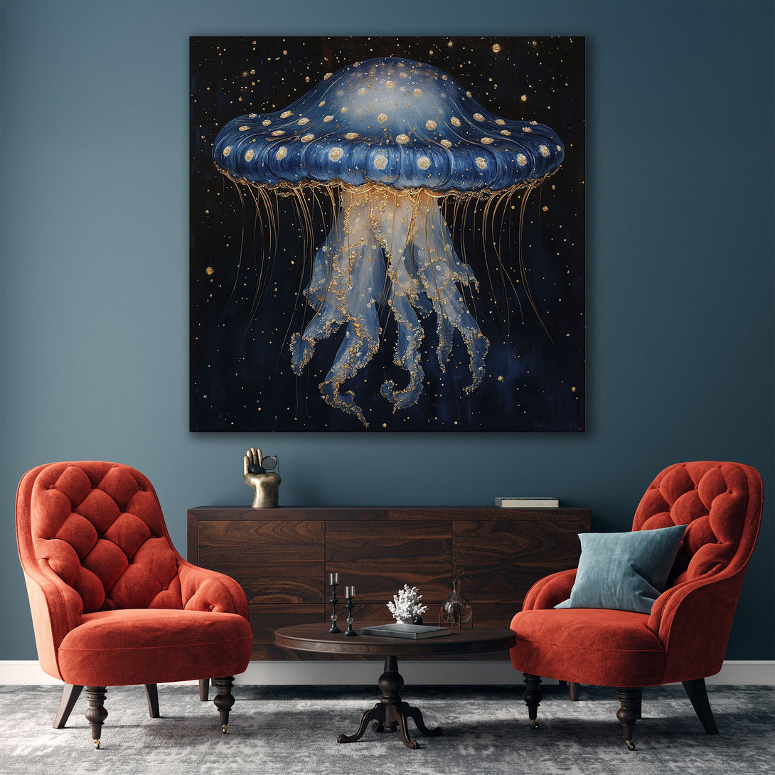 Framed Wall Art: Stunning blue jellyfish art print with gold accents. Modern style, perfect for adding a touch of elegance to any space. Shop now!