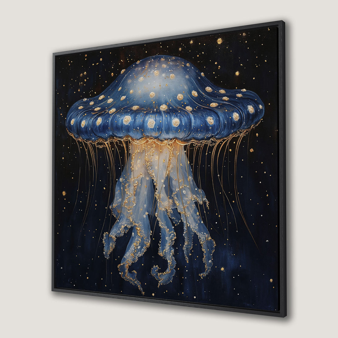 Framed Wall Art: Blue jellyfish painting with gold accents on a dark background. Add a touch of elegance to your space with this stunning canvas print.