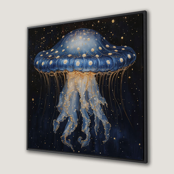 Framed Wall Art: Blue jellyfish painting with gold accents on a dark background. Add a touch of elegance to your space with this stunning canvas print.