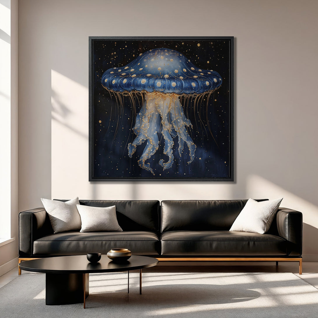 Framed Wall Art: Stunning blue & gold jellyfish art print. Modern style with a dark, celestial color palette. Perfect for living room decor.