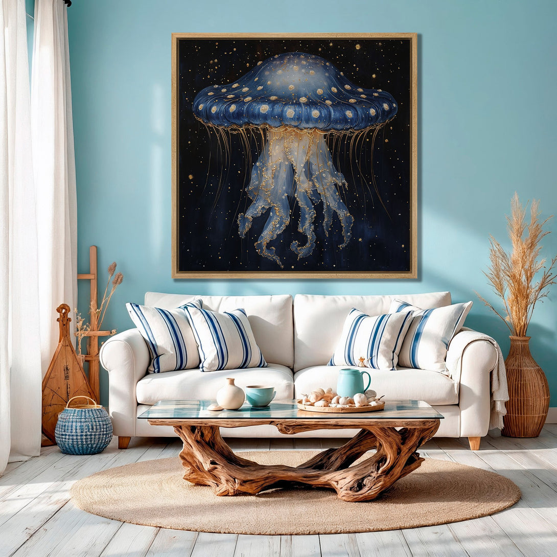 Framed Wall Art: Stunning blue jellyfish painting with gold accents. Coastal-inspired art in a living room setting. Modern and elegant home decor.