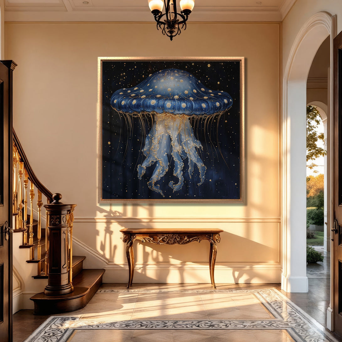 Framed Wall Art: Stunning blue jellyfish painting with gold accents. Elegant decor in a classic interior with warm, neutral tones. Bring art to your home!