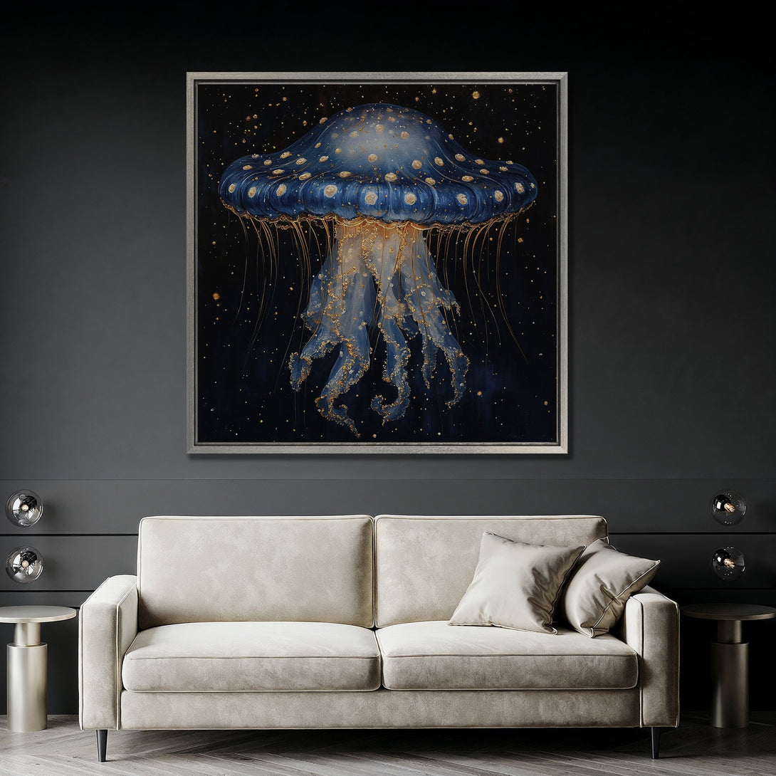 Framed Wall Art featuring a stunning blue jellyfish with gold accents. Modern, elegant design with a dark, moody color palette. Perfect for adding a touch of art to your space.