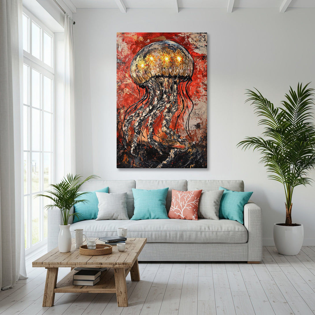 Framed Wall Art: Abstract jellyfish painting in a modern living room. Red, black, and gold color palette. Coastal decor inspiration.