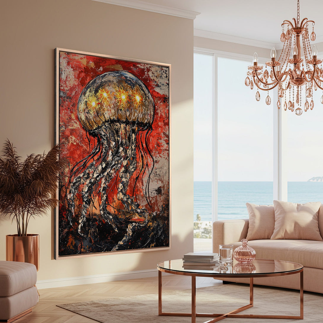 Abstract jellyfish Canvas Print in a modern living room. Bold red, black, and gold palette. Stunning wall art for a stylish home.