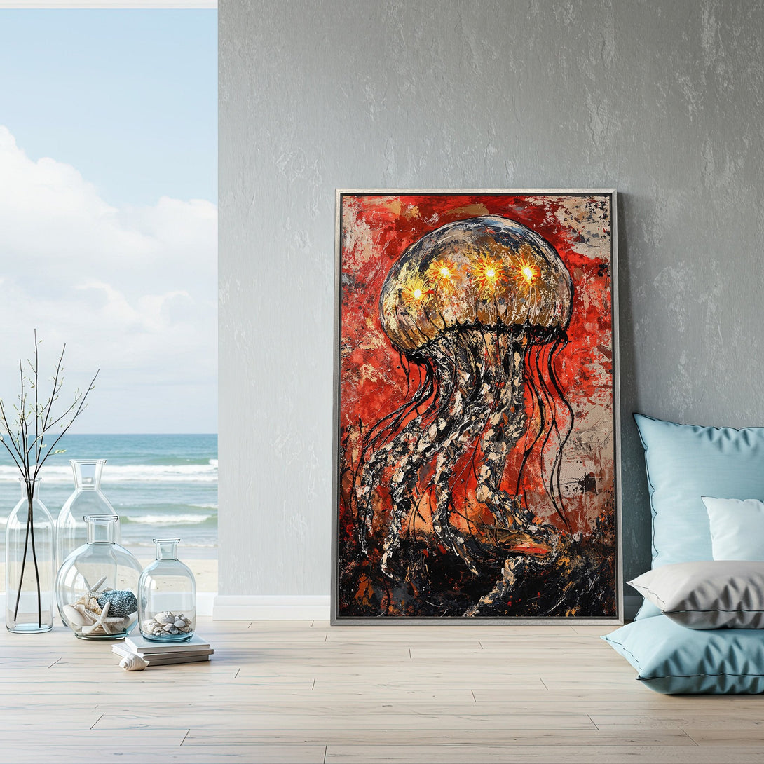 Framed Wall Art: Abstract jellyfish painting with red, black, and gold hues. Modern art canvas print adds a splash of color to any space.
