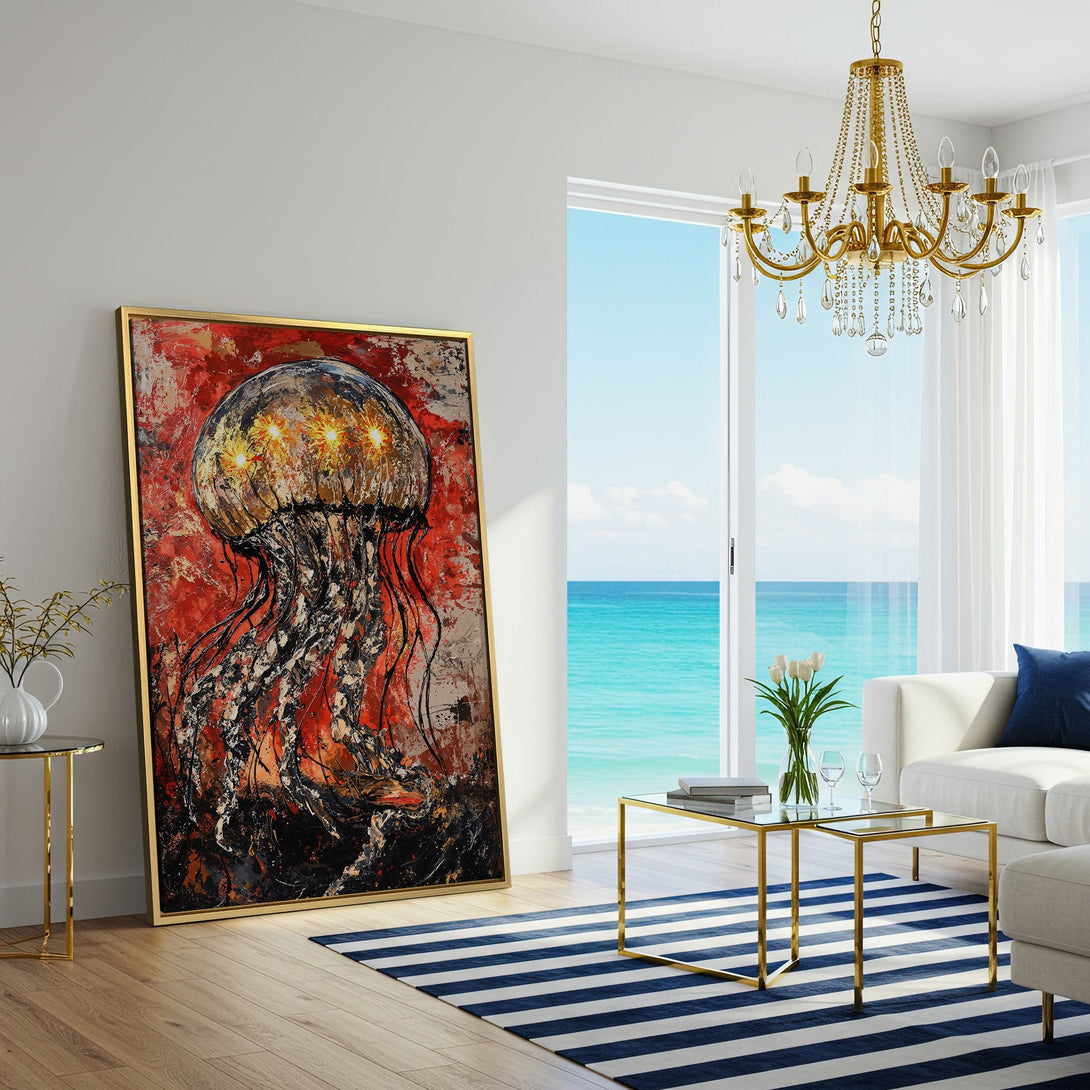 Abstract jellyfish Canvas Print in red, gold, and black. Modern art for your home. Elevate your space with stunning wall decor!