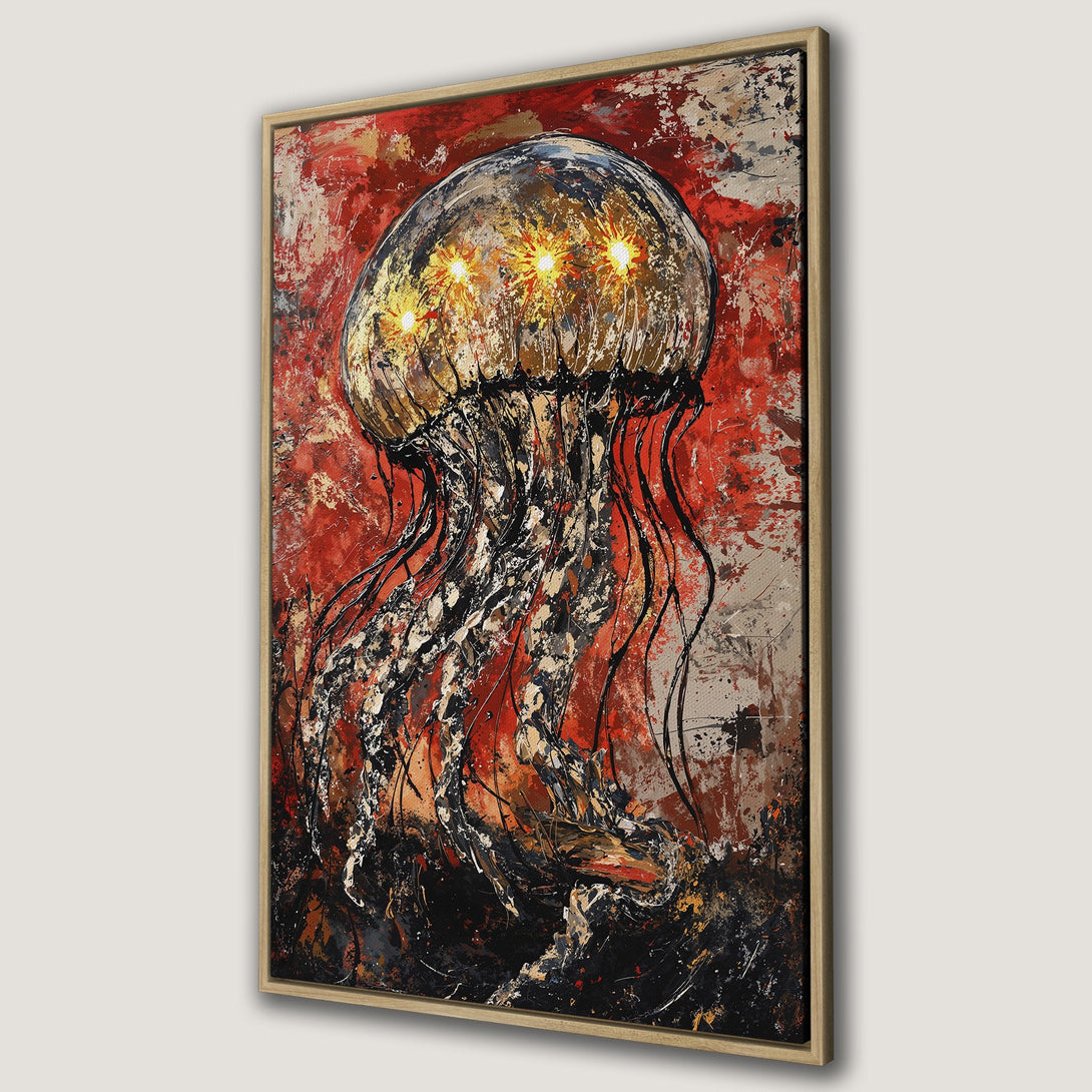 Framed Wall Art featuring an abstract jellyfish in a modern style with a bold red, black, and gold color palette. Perfect statement piece for your home!