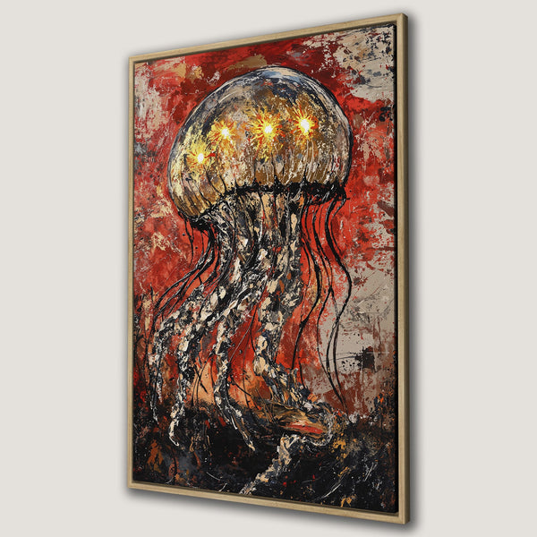 Framed Wall Art featuring an abstract jellyfish in a modern style with a bold red, black, and gold color palette. Perfect statement piece for your home!