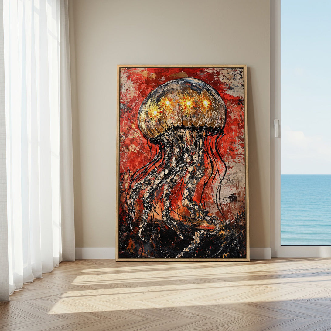 Framed Wall Art: Abstract jellyfish painting in red, black, and gold. Modern style canvas print for a bold statement.