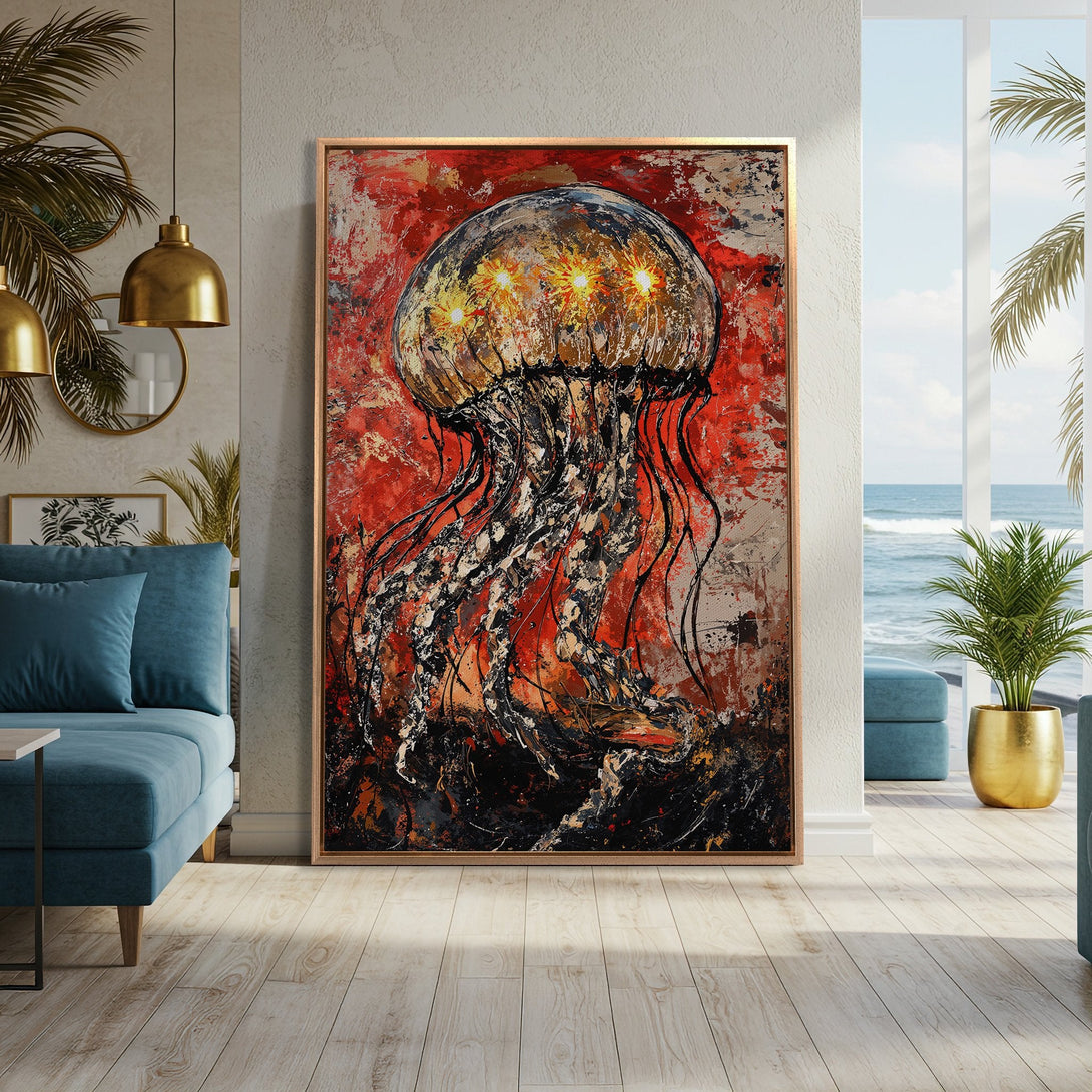 Framed Wall Art: Abstract jellyfish painting in red, black, and gold tones. Modern art canvas print adds a bold statement to any interior space.