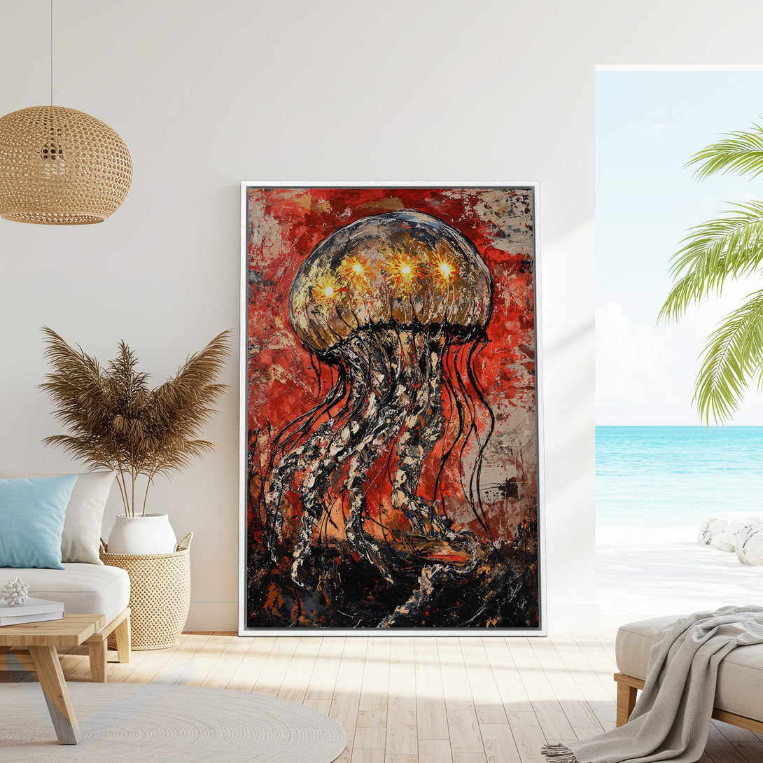 Framed Wall Art: Abstract jellyfish painting in vibrant red, black, and gold hues. Coastal decor inspiration for your home. Shop now!