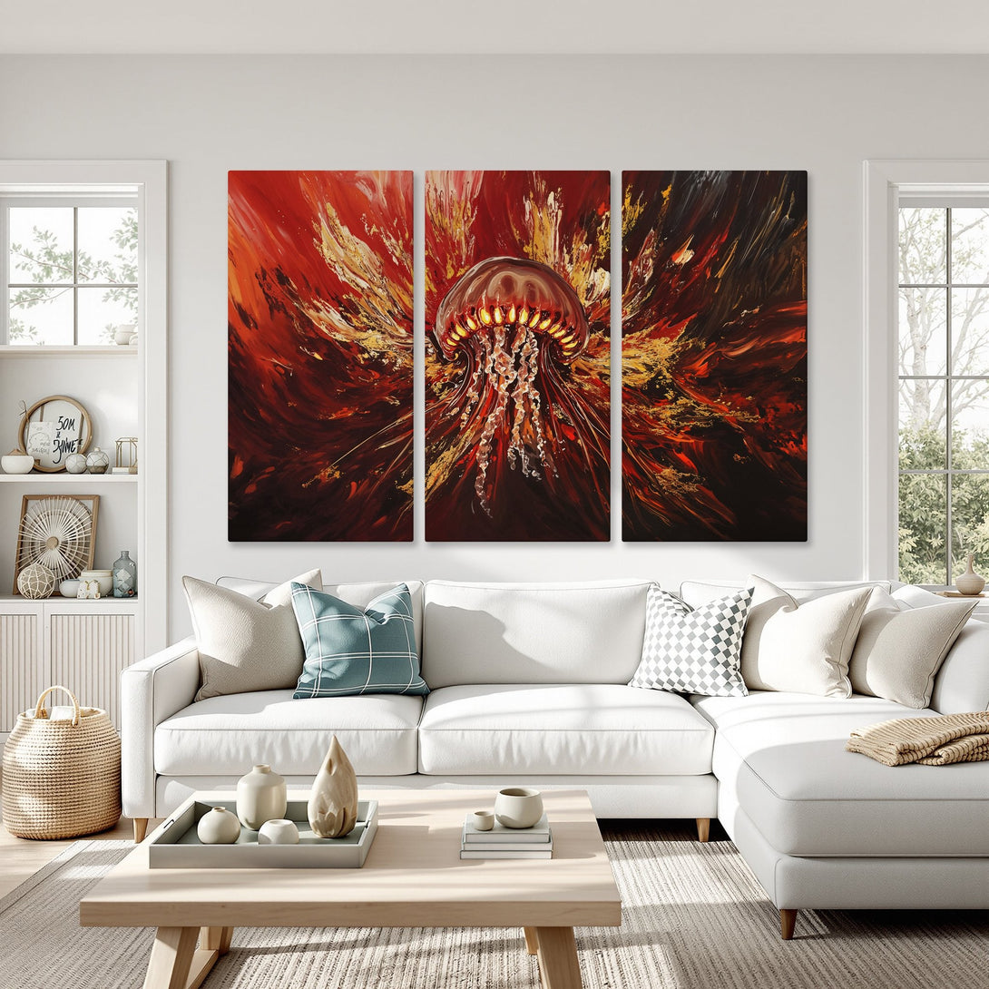 Abstract jellyfish Canvas Print in fiery red, orange, and gold tones. Modern wall art for living room decor.