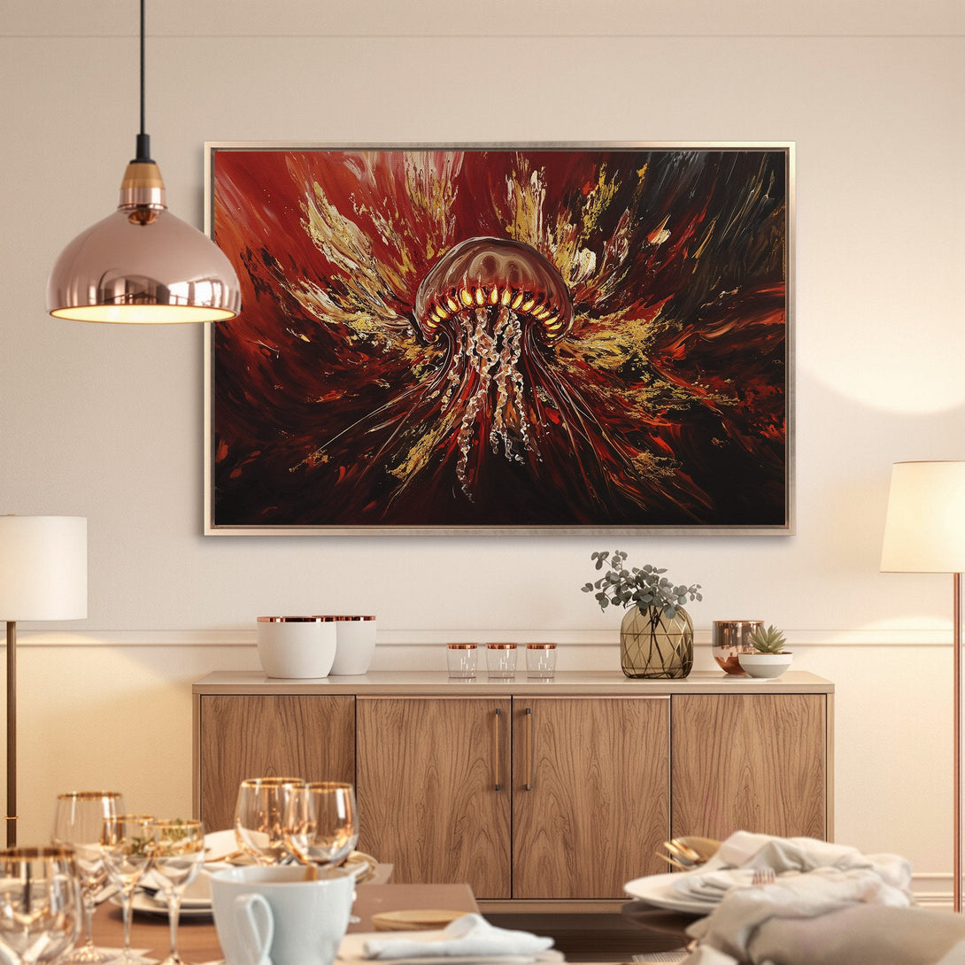 Framed Wall Art: Abstract jellyfish painting in red, gold, and black. Adds a touch of elegance to any room. Shop now!