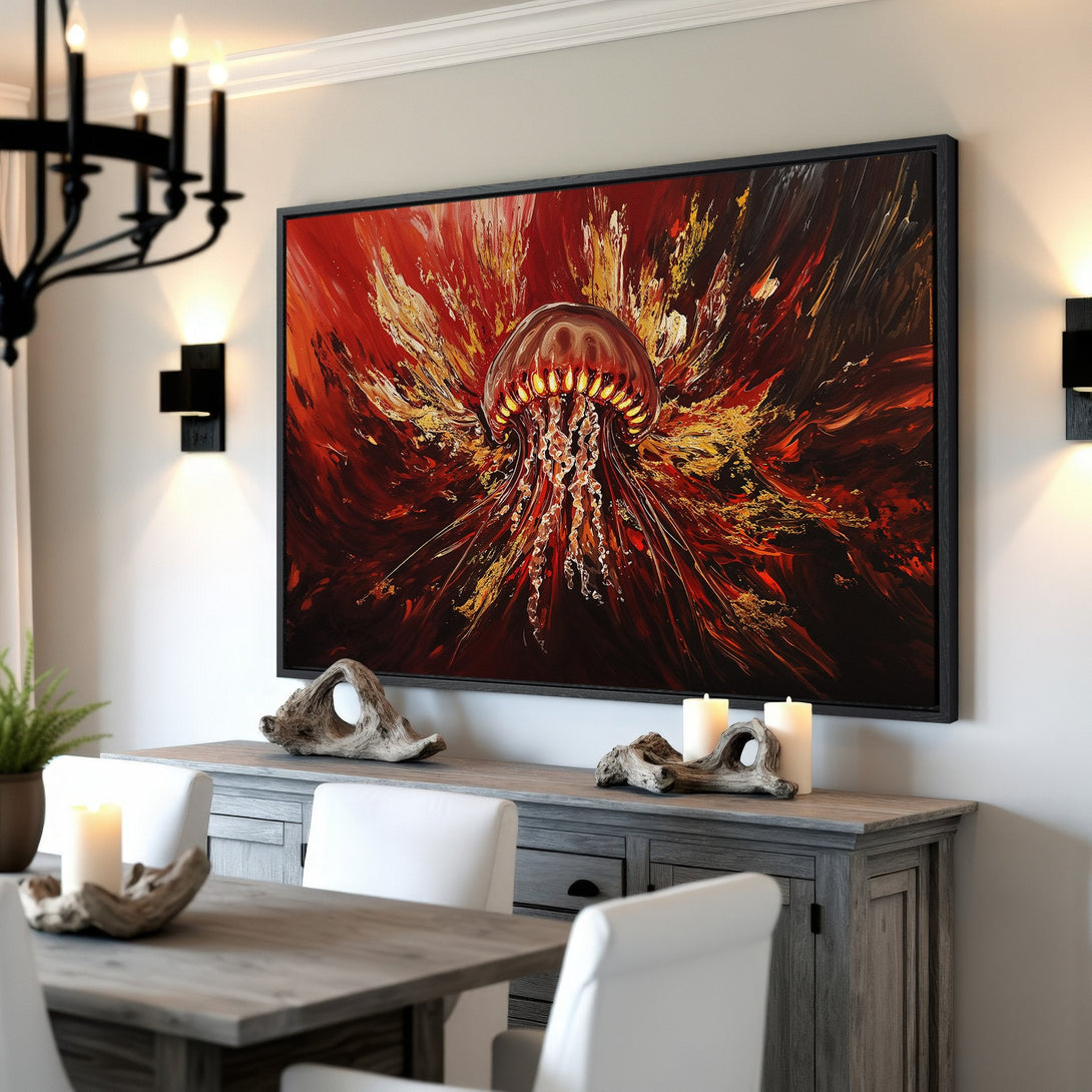 Framed Wall Art: Abstract jellyfish canvas print in fiery red, gold, and black. Modern art for dining room decor.