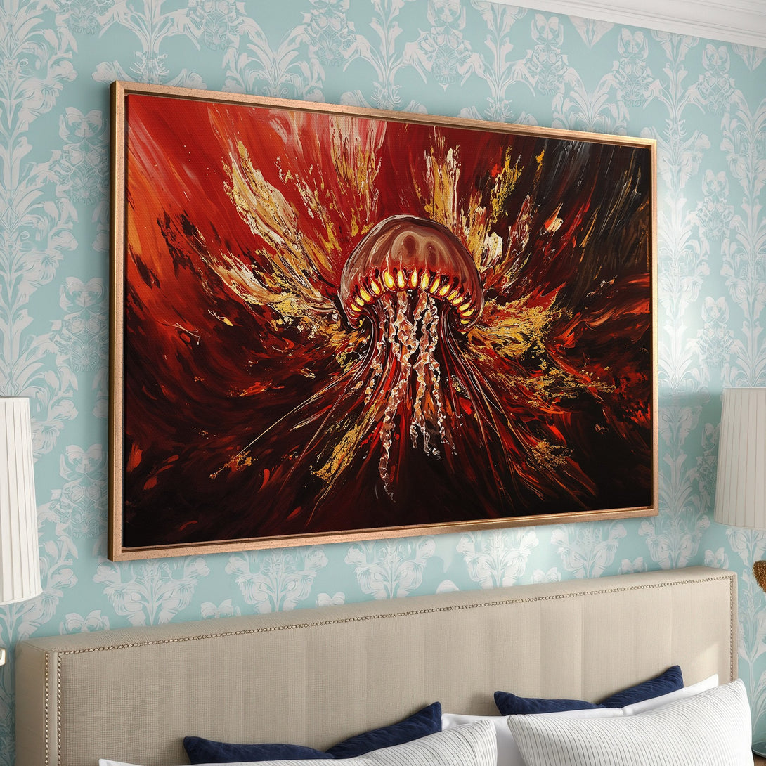Framed Wall Art: Abstract jellyfish painting in fiery red, gold, and black hues. Modern art canvas print perfect for bedroom decor.