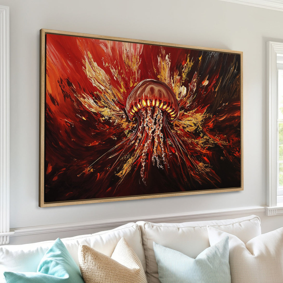 Framed Wall Art: Abstract jellyfish canvas print in fiery red and gold tones, perfect for modern home decor. Add a touch of art to your space!