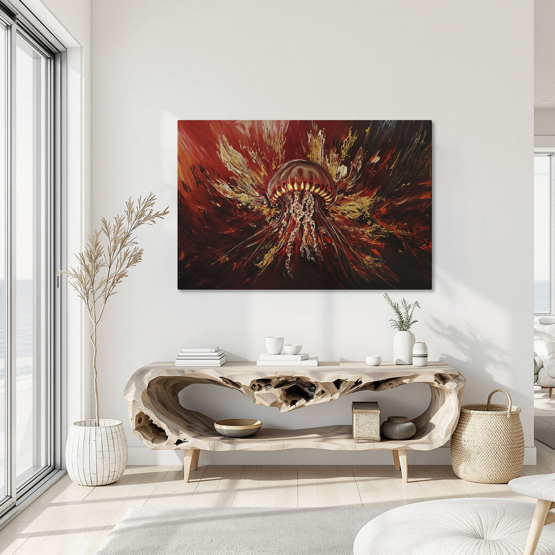 Framed Wall Art: Abstract jellyfish painting in fiery red and gold tones. Modern art canvas print adds bold style to any interior.