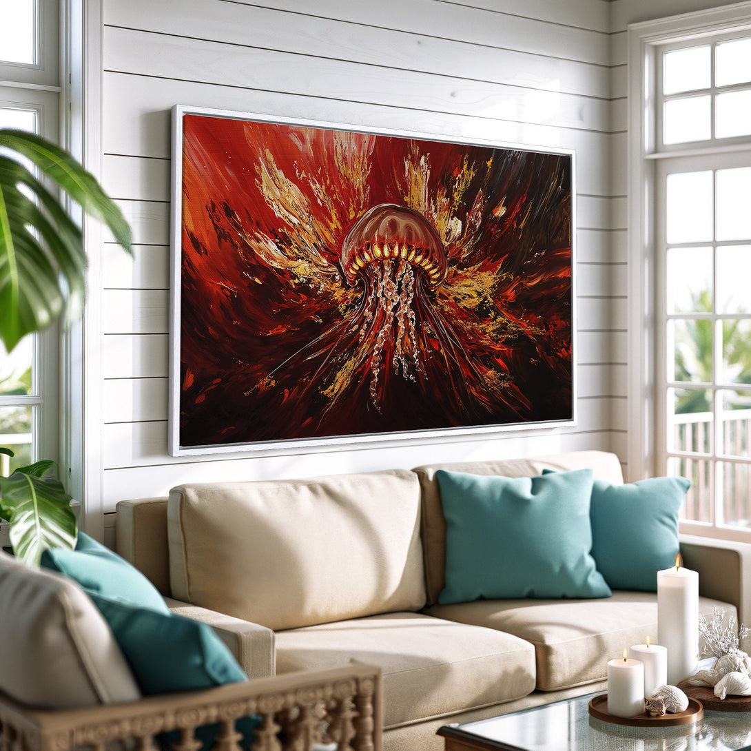 Framed Wall Art featuring a vibrant jellyfish abstract painting in red and gold hues. Modern art for coastal decor.