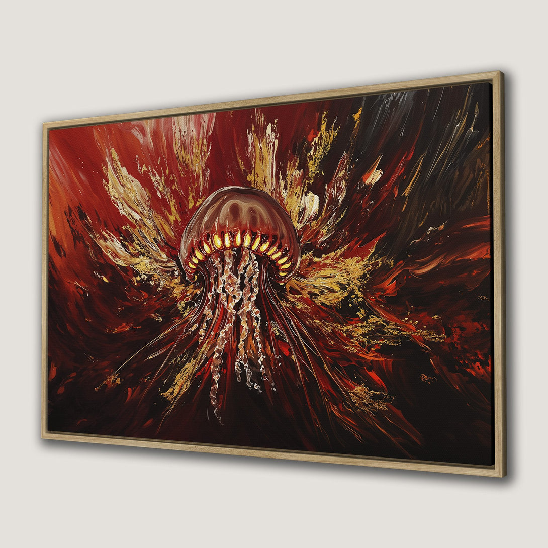 Framed Wall Art featuring a vibrant jellyfish abstract painting in red, gold, and black. Add a touch of modern art to your space!