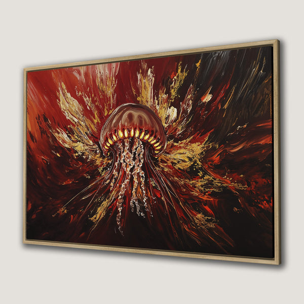 Framed Wall Art featuring a vibrant jellyfish abstract painting in red, gold, and black. Add a touch of modern art to your space!