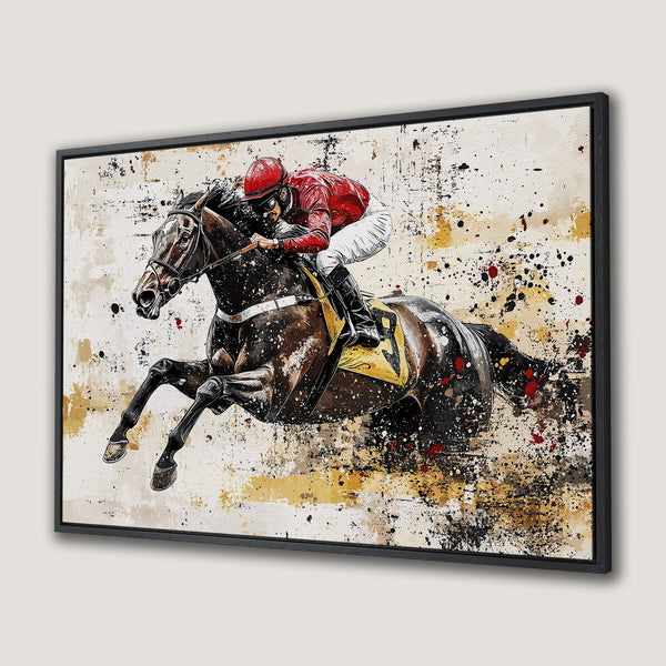 Framed Wall Art: Dynamic horse racing art print. Abstract style with a jockey in red, black horse, and a neutral, warm color palette. Perfect for your home!