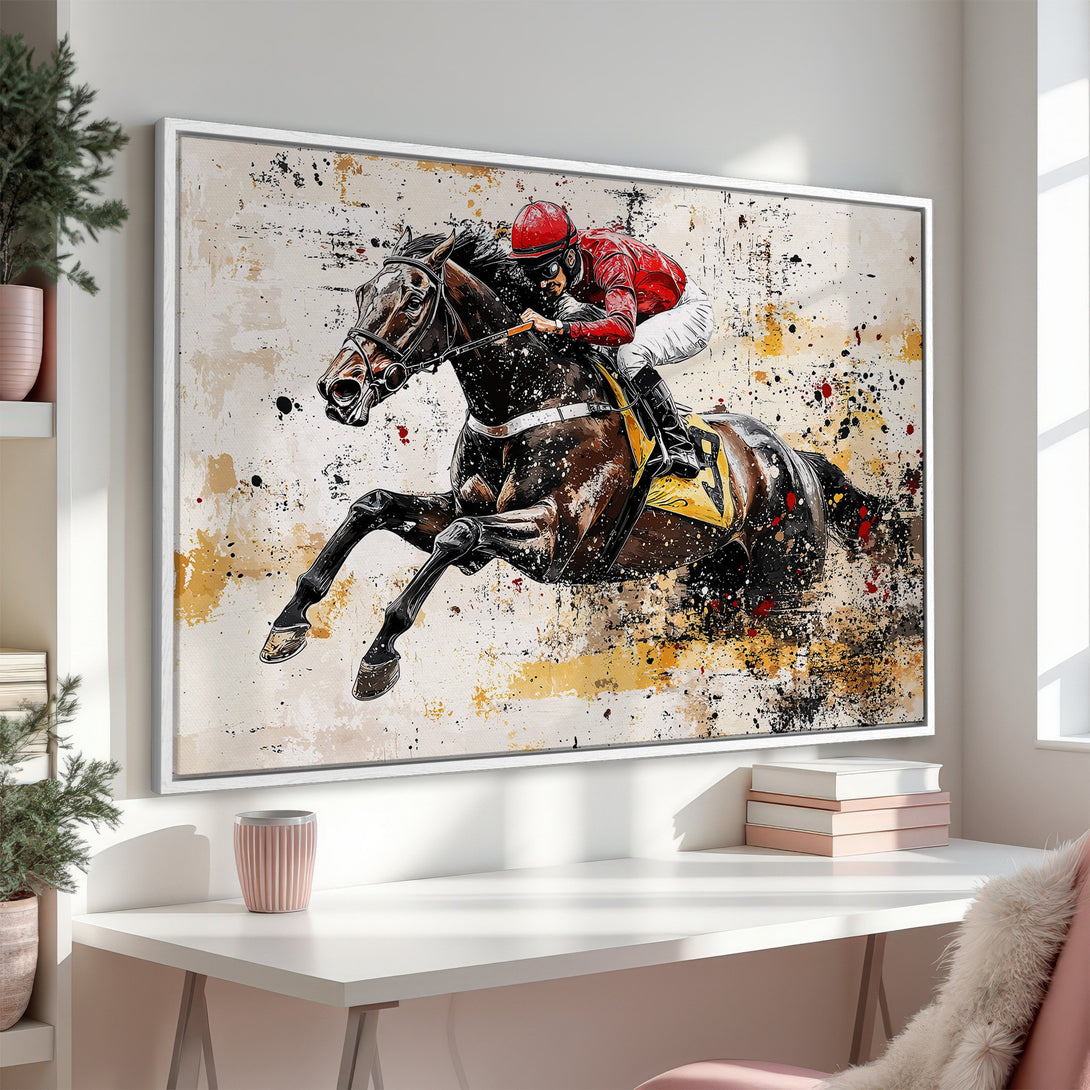 Framed Wall Art: Dynamic horse racing art print with a jockey in red. Abstract style, neutral & warm color palette. Perfect for home decor!
