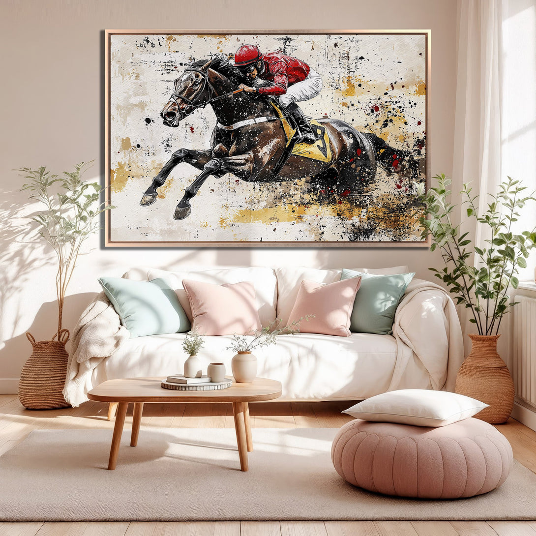 Framed Wall Art of a racehorse and jockey in action, abstract style with a neutral and gold color palette, perfect for home decor.