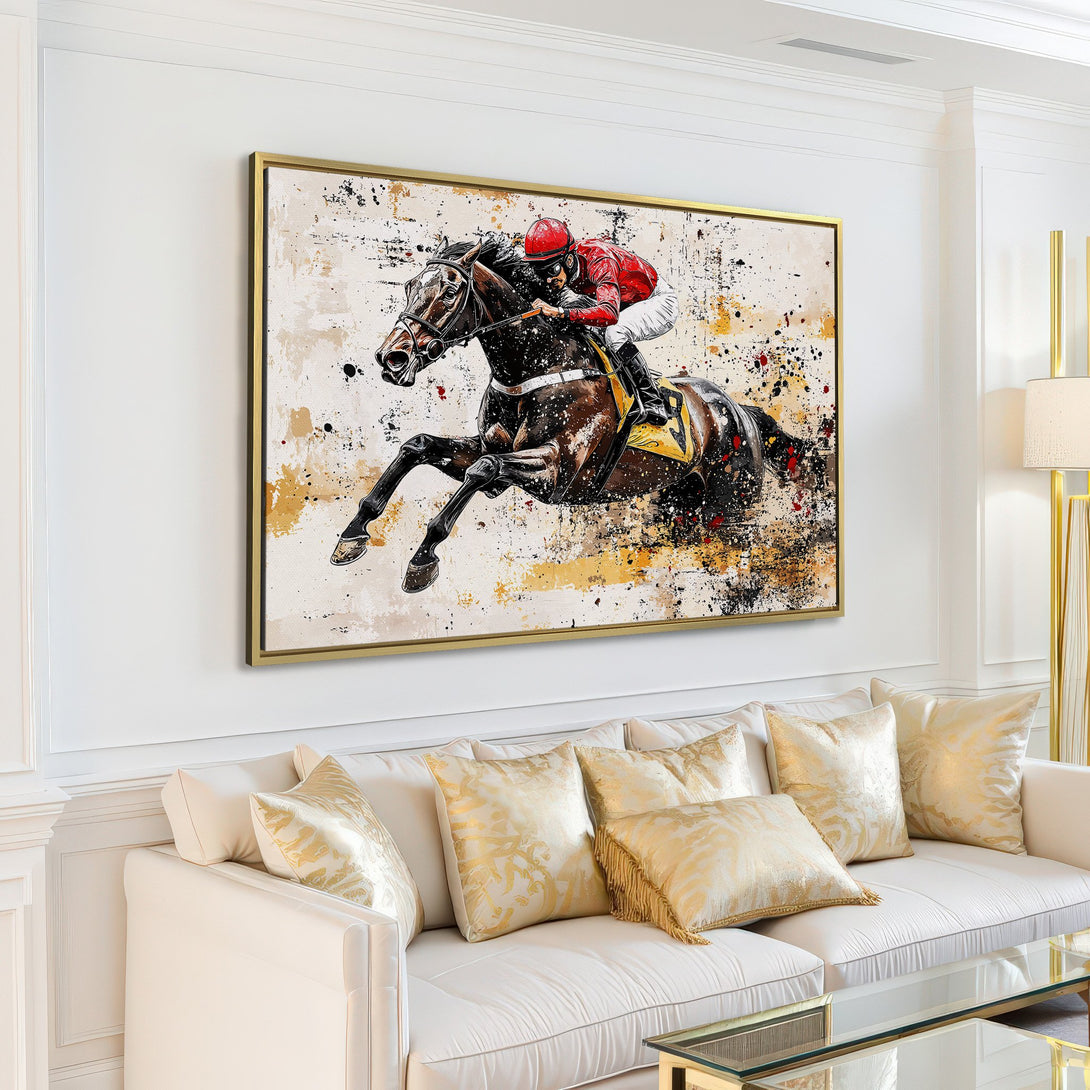 Canvas Print of a horse racing scene in an abstract style, featuring a jockey. The color palette includes black, red, and gold.